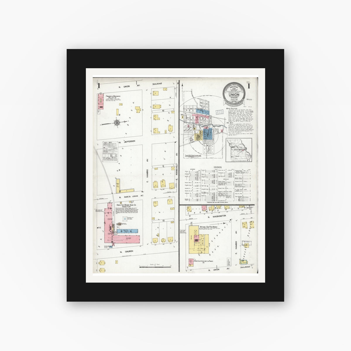 Old map wall art mockup — black gallery frame with white mat — Sanborn Fire Insurance Map from Union, Franklin County, Missouri (1927) - Complete Map Set