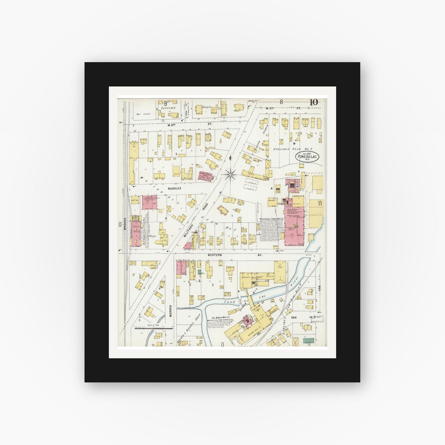 Old map wall art mockup — black gallery frame with white mat — Sanborn Fire Insurance Map from Fond du Lac, Fond du Lac County, Wisconsin (1898), Sheet #0010