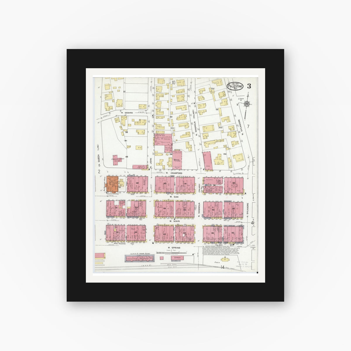 Old map wall art mockup — black gallery frame with white mat — Sanborn Fire Insurance Map from Palestine, Anderson County, Texas (1919), Sheet #0003