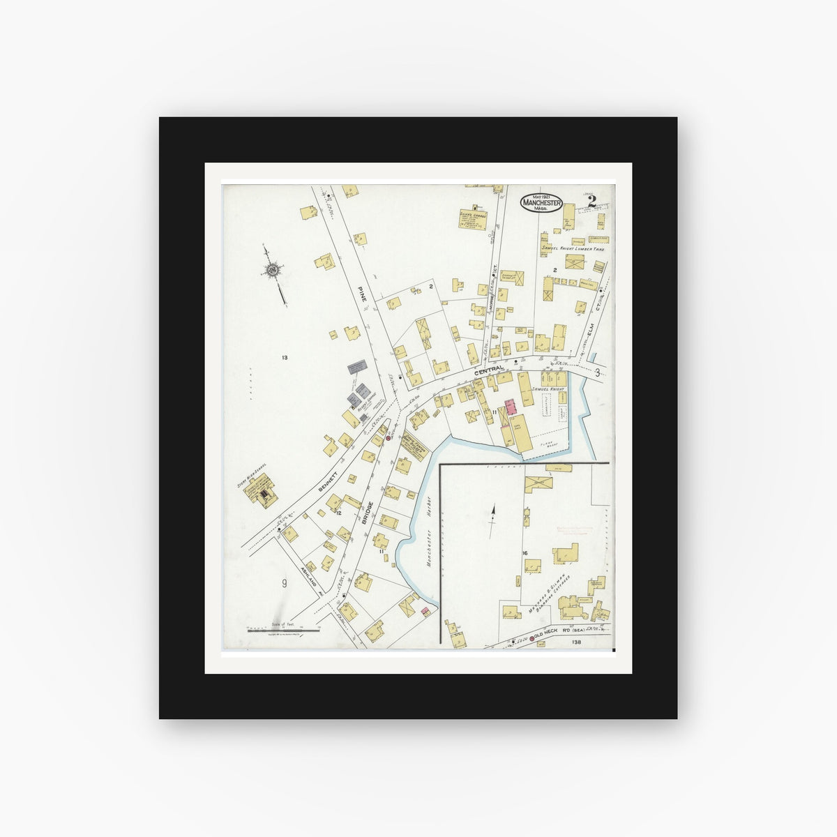 Old map wall art mockup — black gallery frame with white mat — Sanborn Fire Insurance Map from Manchester, Essex County, Massachusetts (1921), Sheet #0002