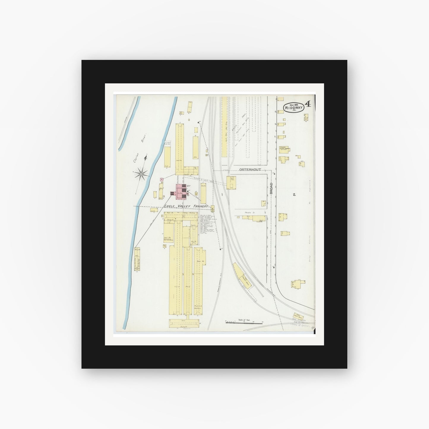 Old map wall art mockup — black gallery frame with white mat — Sanborn Fire Insurance Map from Ridgway, Elk County, Pennsylvania (1892), Sheet #0004