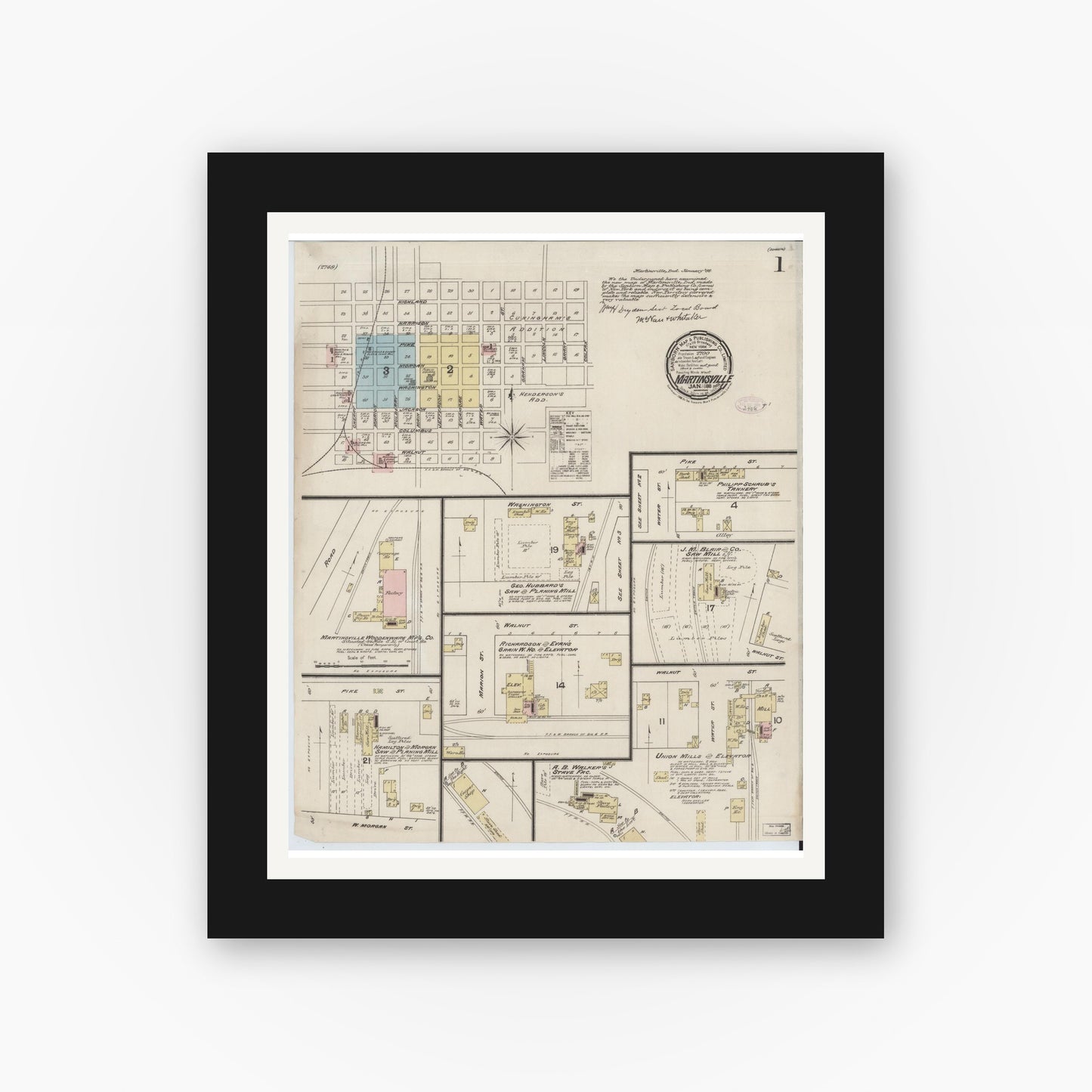 Old map wall art mockup — black gallery frame with white mat — Sanborn Fire Insurance Map from Martinsville, Morgan County, Indiana (1888) - Complete Map Set