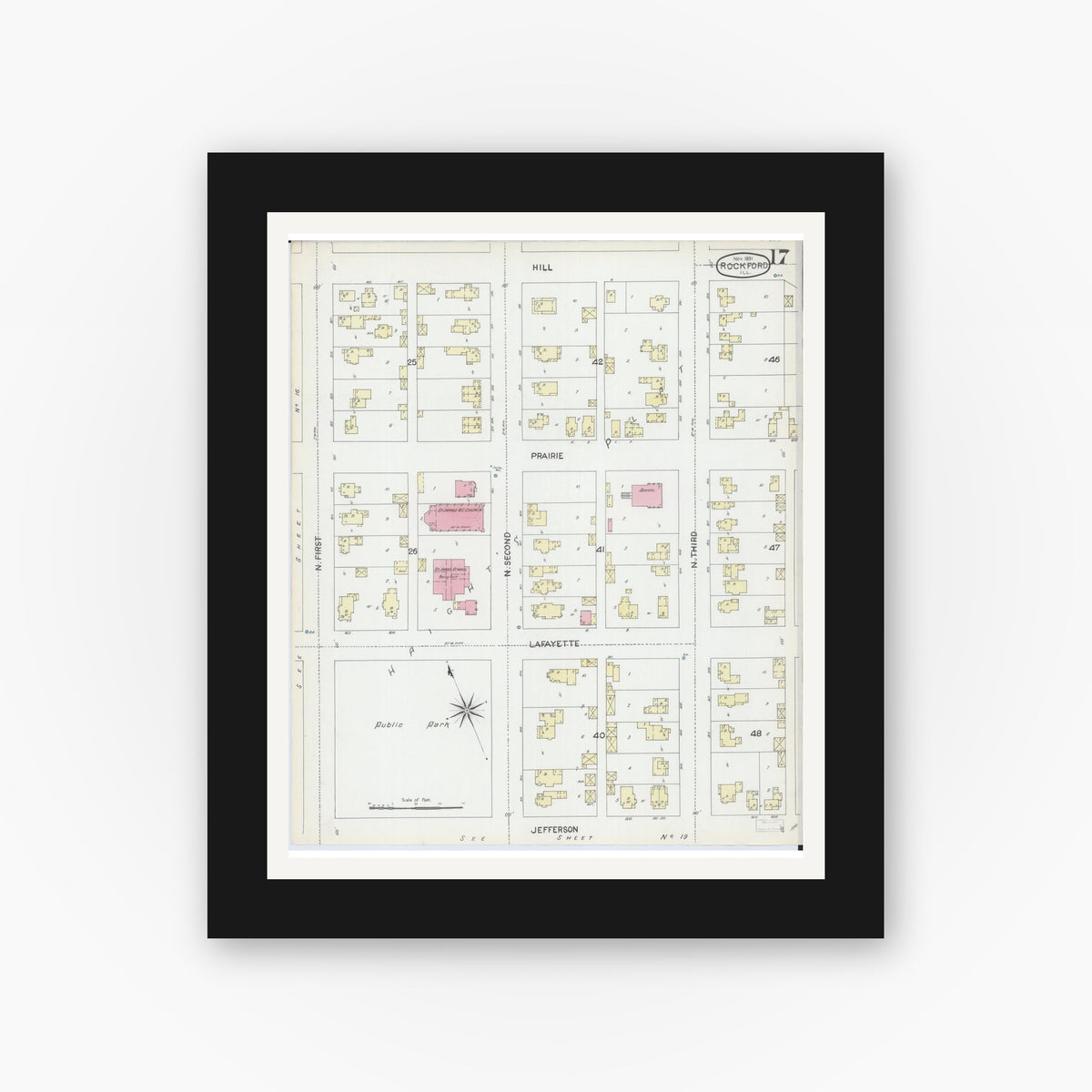 Old map wall art mockup — black gallery frame with white mat — Sanborn Fire Insurance Map from Rockford, Winnebago County, Illinois (1891), Sheet #0017