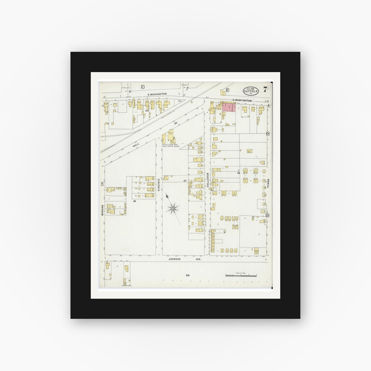 Old map wall art mockup — black gallery frame with white mat — Sanborn Fire Insurance Map from Suffolk, Independent Cities, Virginia (1898), Sheet #0007