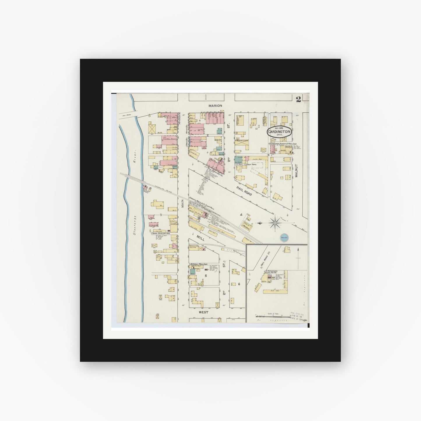 Old map wall art mockup — black gallery frame with white mat — Sanborn Fire Insurance Map from Cardington, Morrow County, Ohio (1892), Sheet #0002