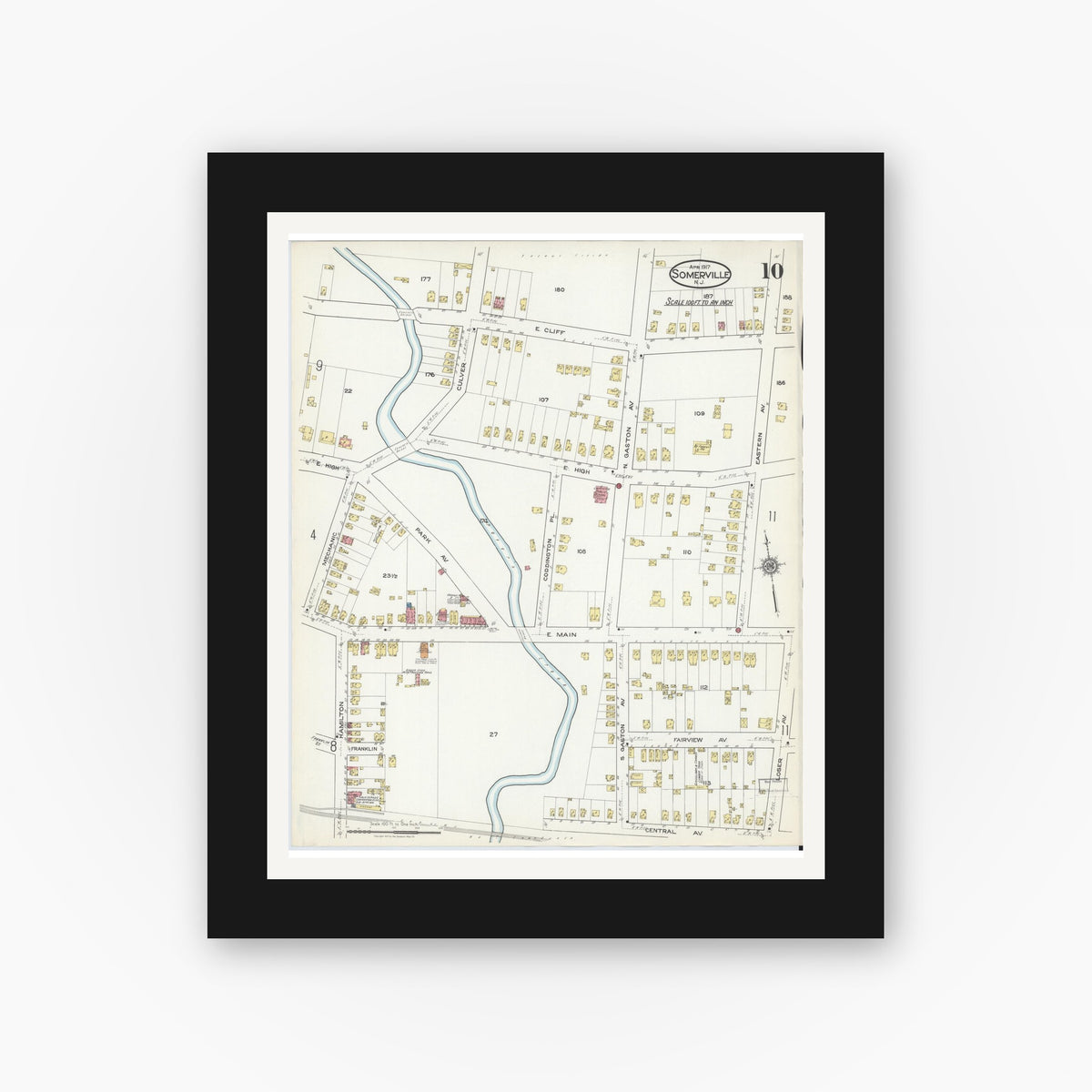Old map wall art mockup — black gallery frame with white mat — Sanborn Fire Insurance Map from Somerville, Somerset County, New Jersey (1917), Sheet #0010