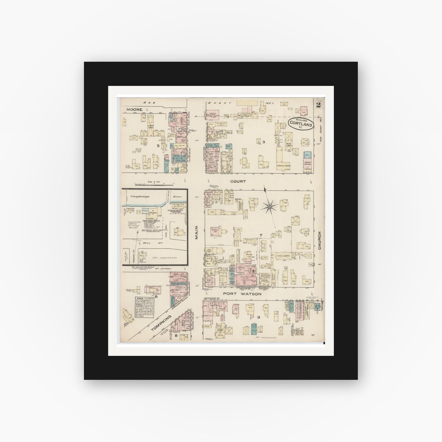 Old map wall art mockup — black gallery frame with white mat — Sanborn Fire Insurance Map from Cortland, Cortland County, New York (1884), Sheet #0002