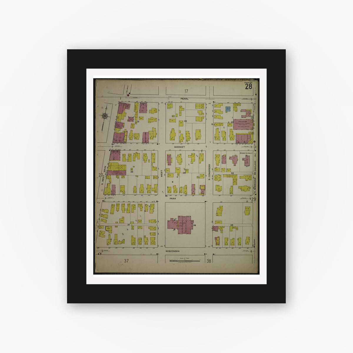 Old map wall art mockup — black gallery frame with white mat — Sanborn Fire Insurance Map from Kenosha, Kenosha County, Wisconsin. (1918), Sheet 32