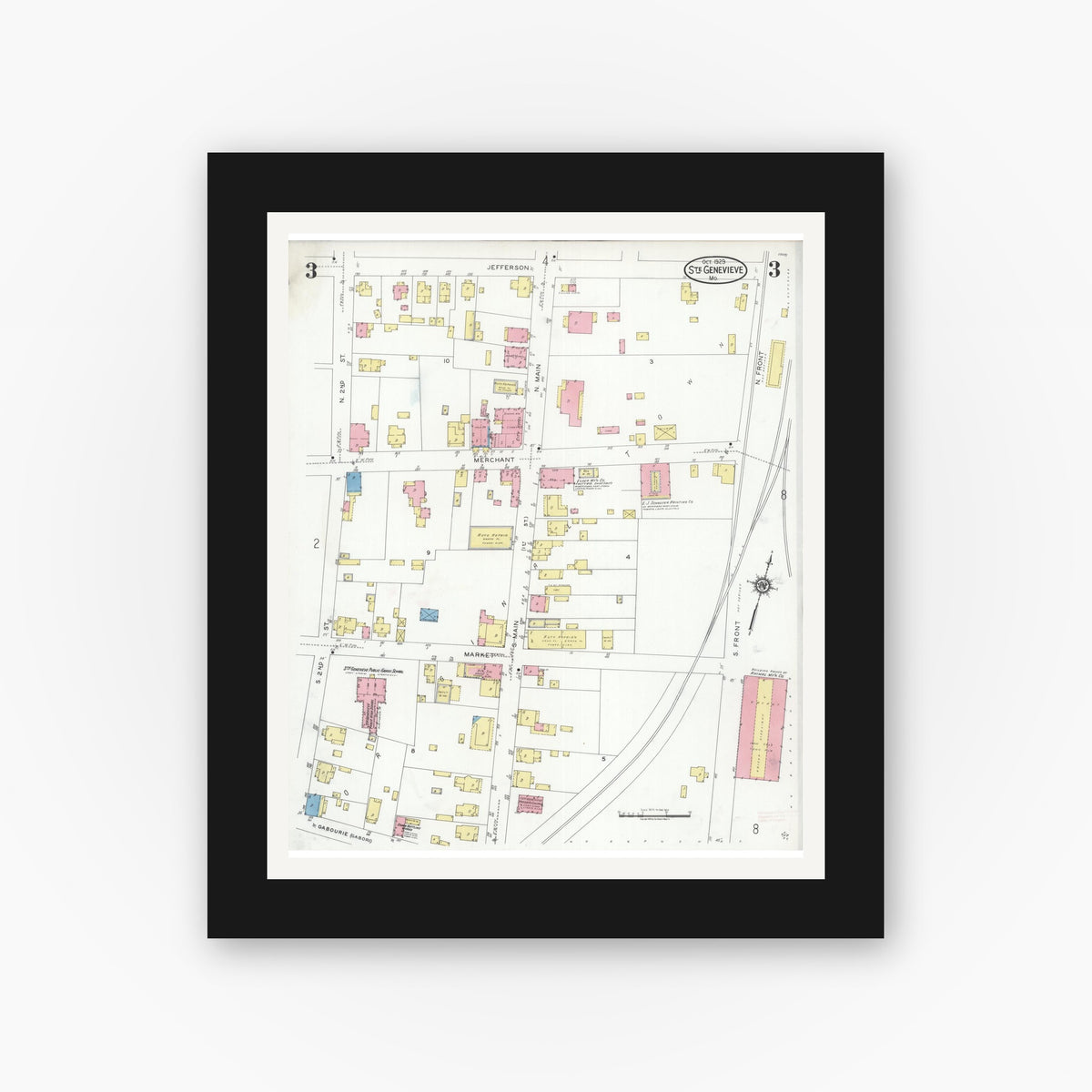 Old map wall art mockup — black gallery frame with white mat — Sanborn Fire Insurance Map from Sainte Genevieve, Saint Genevieve County, Missouri (1929), Sheet #0003