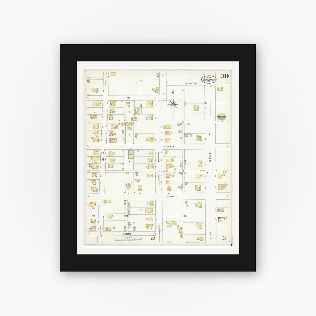 Old map wall art mockup — black gallery frame with white mat — Sanborn Fire Insurance Map from Gainesville, Cooke County, Texas (1908), Sheet #0030
