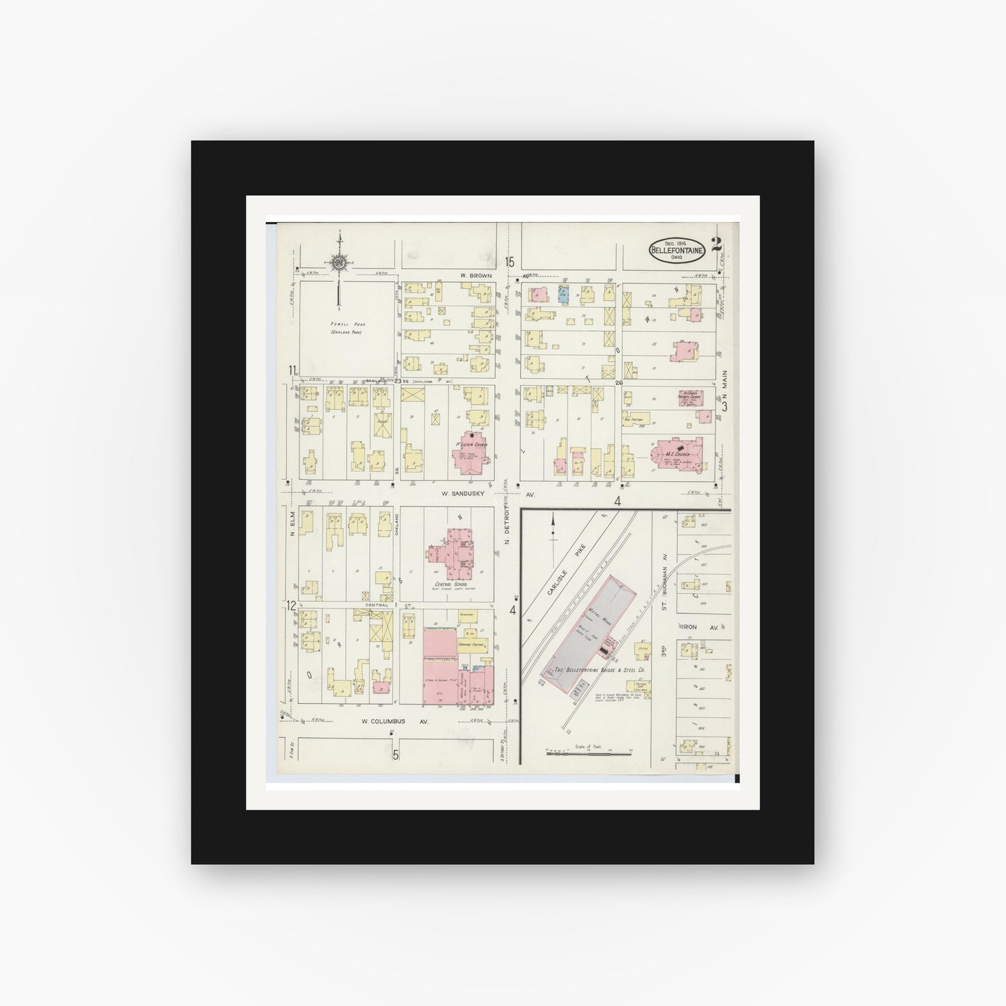 Old map wall art mockup — black gallery frame with white mat — Sanborn Fire Insurance Map from Bellefontaine, Logan County, Ohio (1914), Sheet #0002