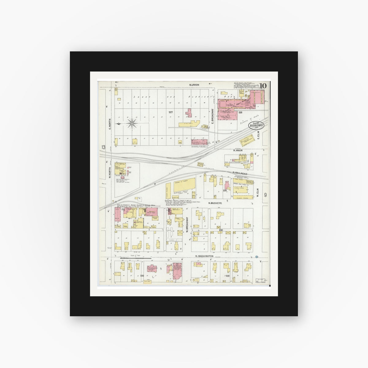 Old map wall art mockup — black gallery frame with white mat — Sanborn Fire Insurance Map from Kokomo, Howard County, Indiana (1902), Sheet #0010