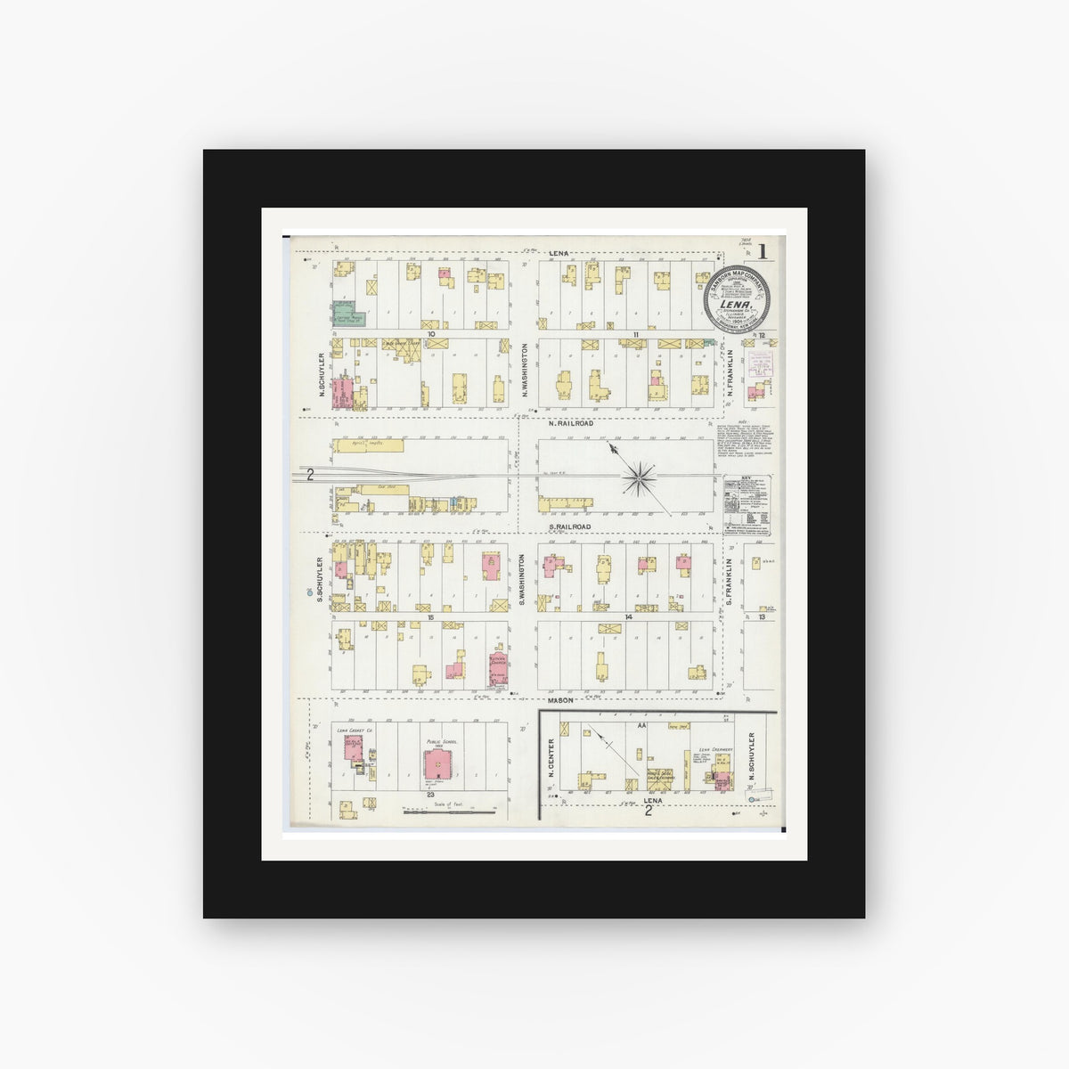 Old map wall art mockup — black gallery frame with white mat — Sanborn Fire Insurance Map from Lena, Stephenson County, Illinois (1904) - Complete Map Set