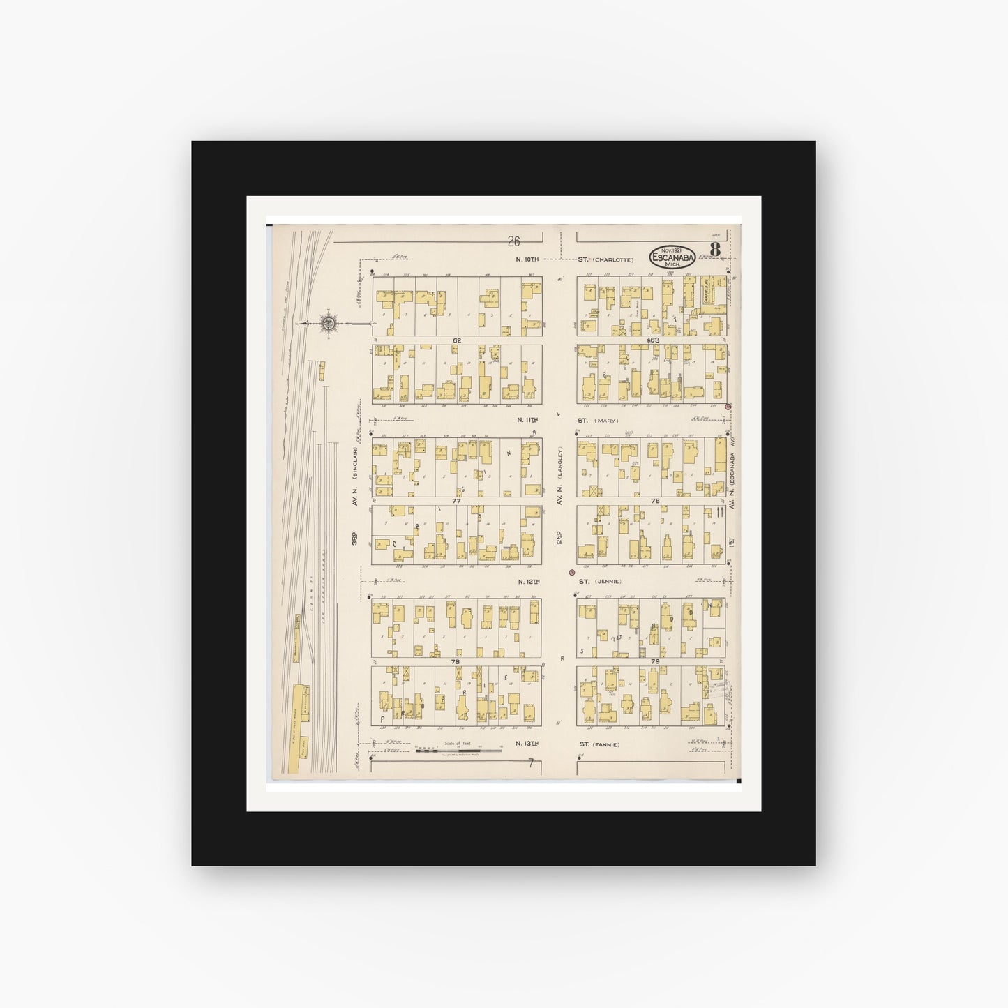 Old map wall art mockup — black gallery frame with white mat — Sanborn Fire Insurance Map from Escanaba, Delta County, Michigan (1921), Sheet #0008