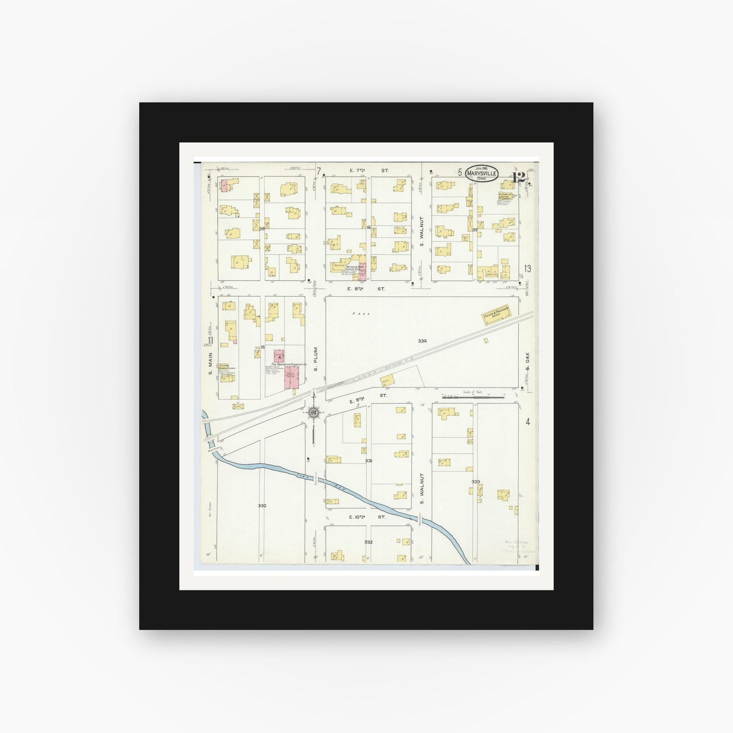 Old map wall art mockup — black gallery frame with white mat — Sanborn Fire Insurance Map from Marysville, Union County, Ohio (1916), Sheet #0012