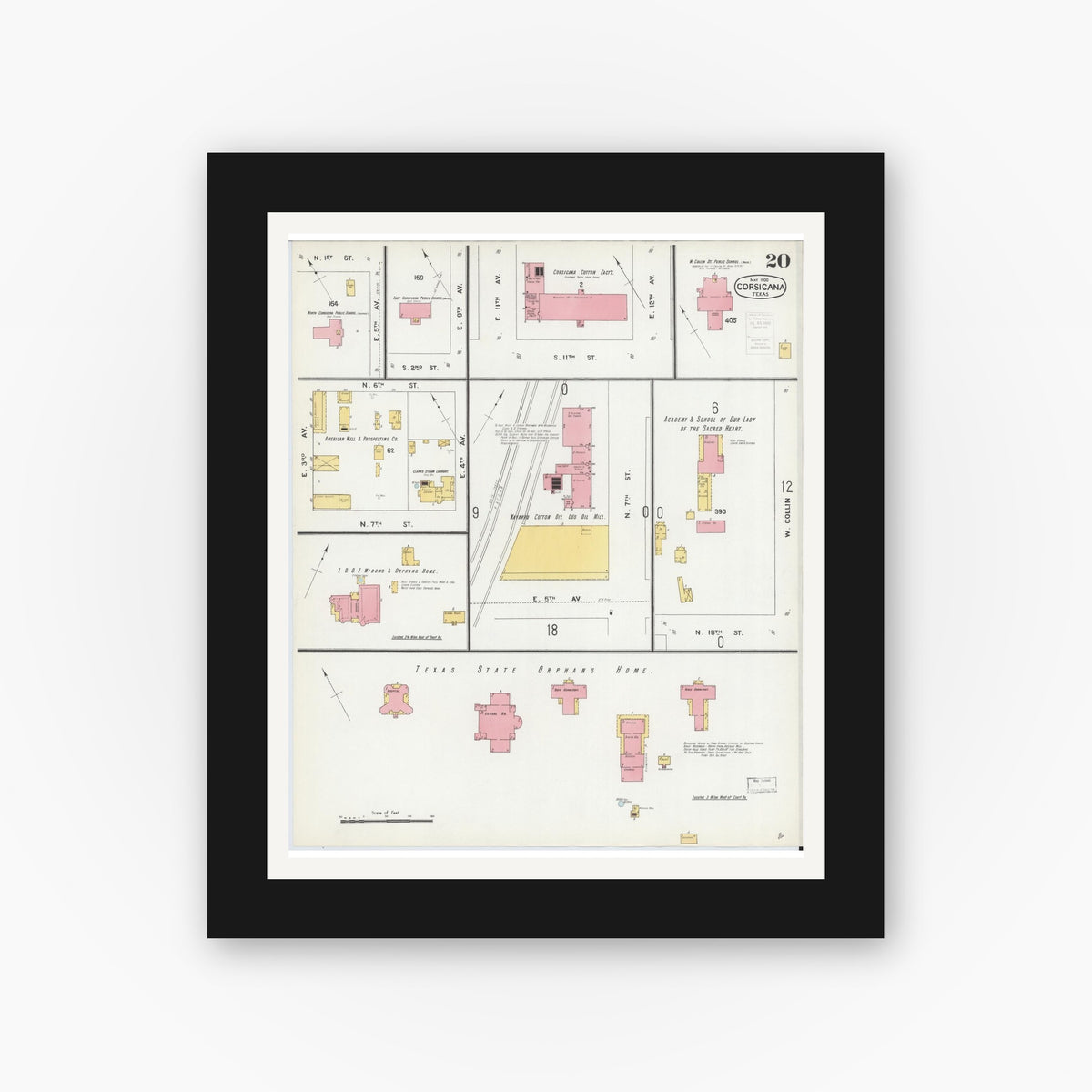 Old map wall art mockup — black gallery frame with white mat — Sanborn Fire Insurance Map from Corsicana, Navarro County, Texas (1900), Sheet #0020