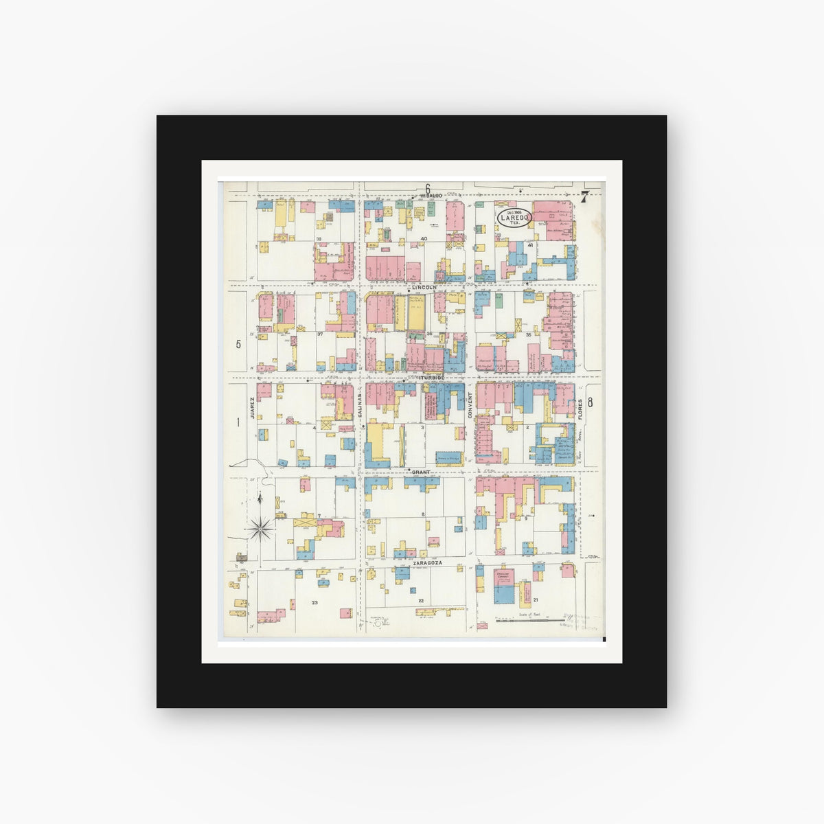 Old map wall art mockup — black gallery frame with white mat — Sanborn Fire Insurance Map from Laredo, Webb County, Texas (1905), Sheet #0007