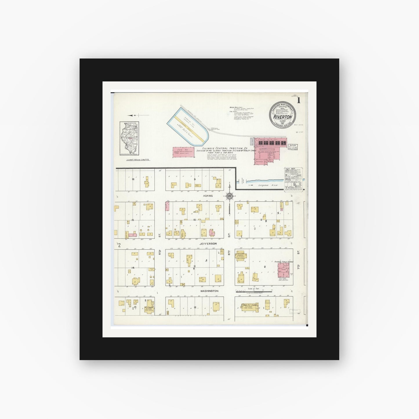 Old map wall art mockup — black gallery frame with white mat — Sanborn Fire Insurance Map from Riverton, Sangamon County, Illinois (1917), Sheet #0001