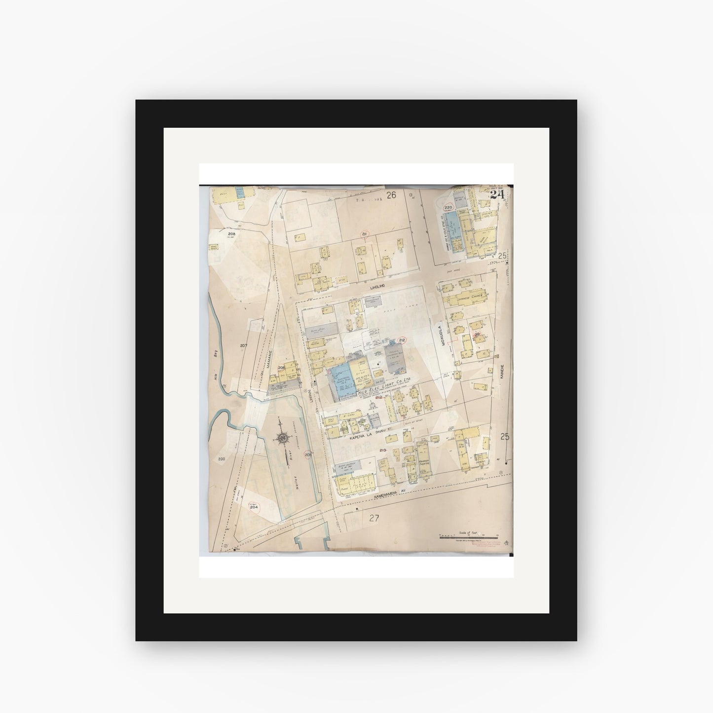 Old map wall art mockup — black gallery frame with white mat — Sanborn Fire Insurance Map from Hilo, Hawaii County, Hawaii (1957), Sheet #0024