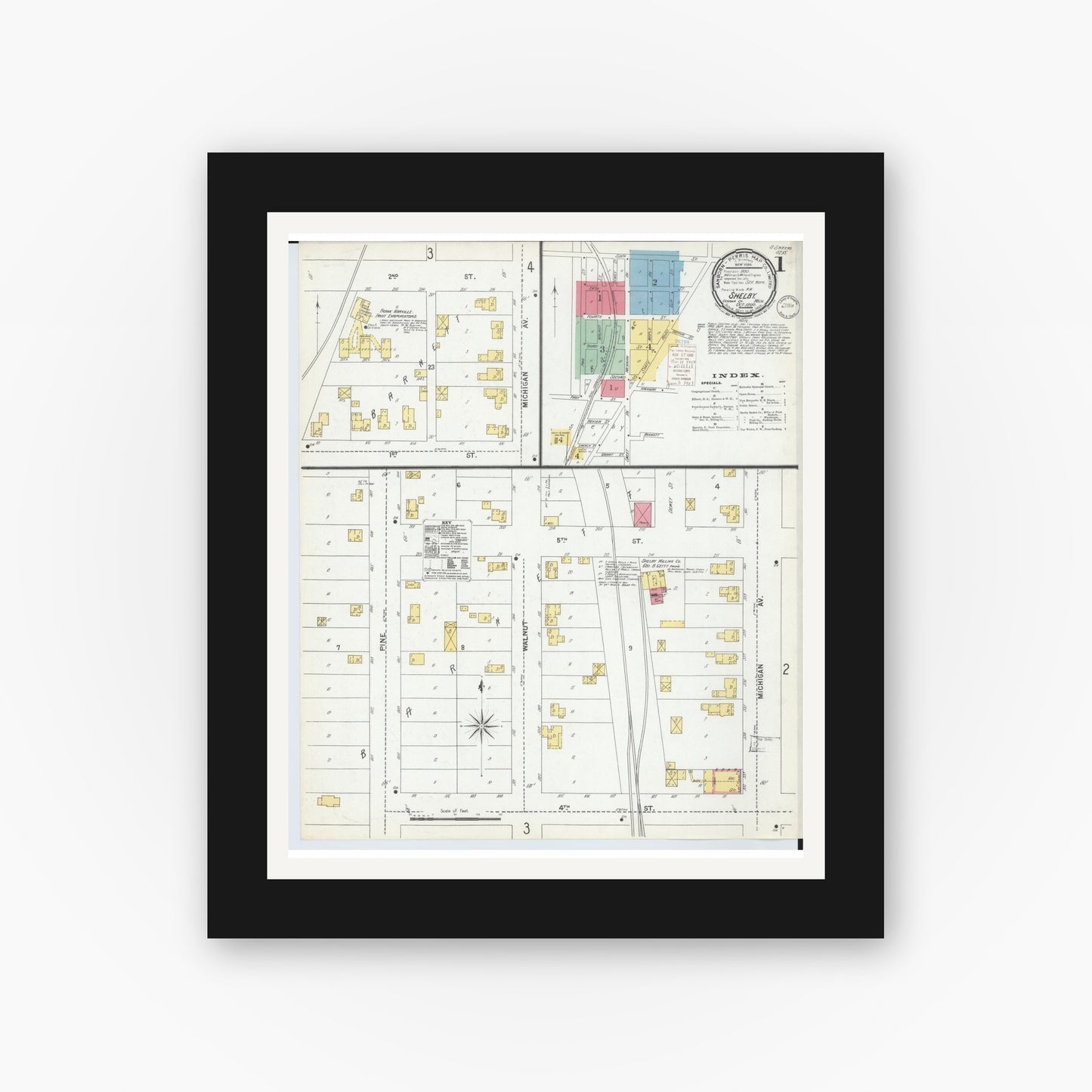 Old map wall art mockup — black gallery frame with white mat — Sanborn Fire Insurance Map from Shelby, Oceana County, Michigan (1900) - Complete Map Set