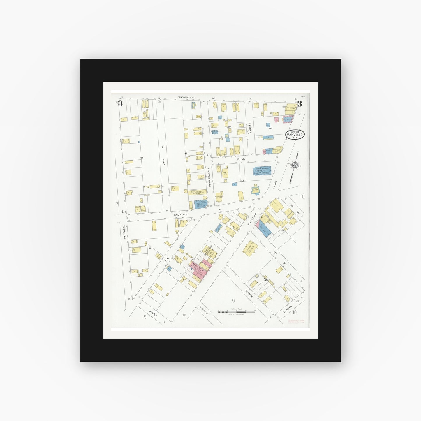 Old map wall art mockup — black gallery frame with white mat — Sanborn Fire Insurance Map from Manville, Somerset County, New Jersey (1928), Sheet #0003