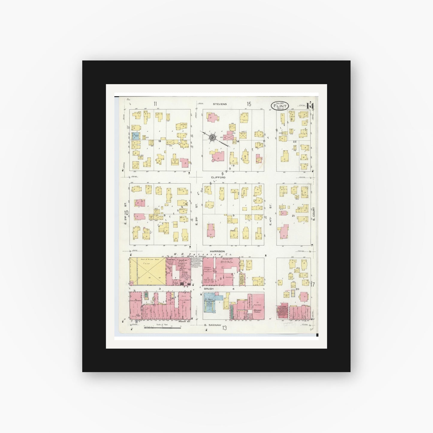 Old map wall art mockup — black gallery frame with white mat — Sanborn Fire Insurance Map from Flint, Genesee County, Michigan (1909), Sheet #0014