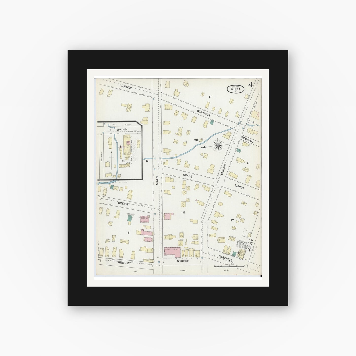 Old map wall art mockup — black gallery frame with white mat — Sanborn Fire Insurance Map from Cuba, Allegany County, New York (1891), Sheet #0004