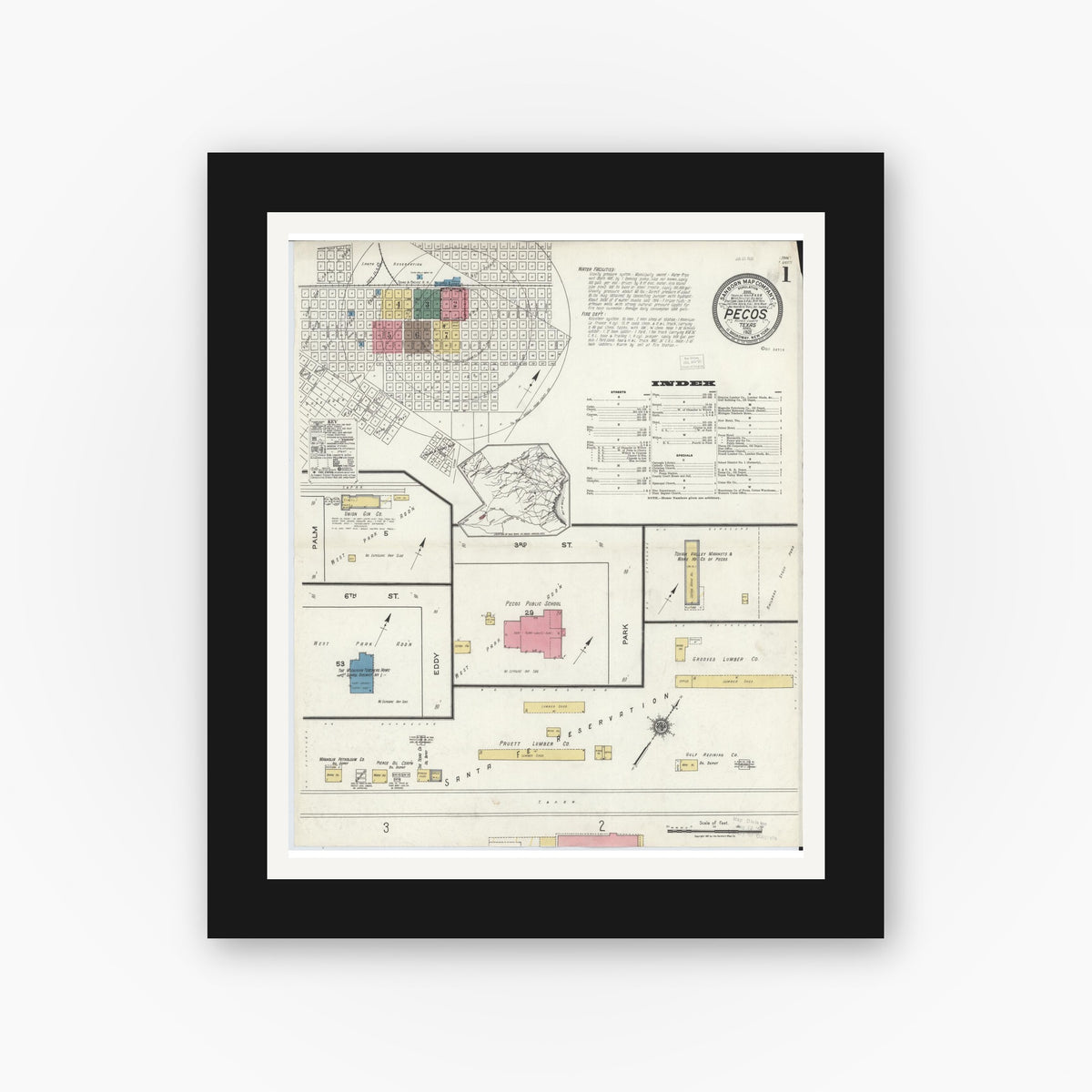 Old map wall art mockup — black gallery frame with white mat — Sanborn Fire Insurance Map from Pecos, Reeves County, Texas (1921) - Complete Map Set
