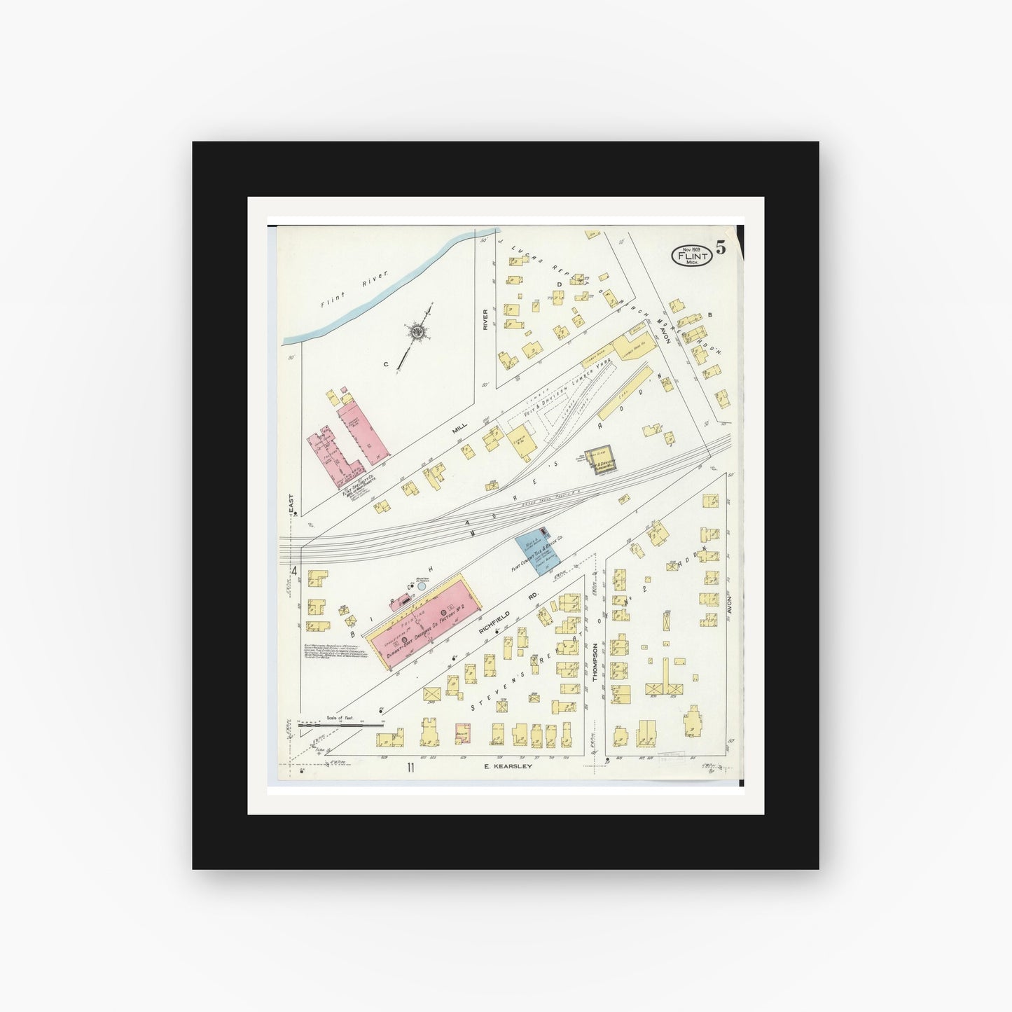 Old map wall art mockup — black gallery frame with white mat — Sanborn Fire Insurance Map from Flint, Genesee County, Michigan (1909), Sheet #0005