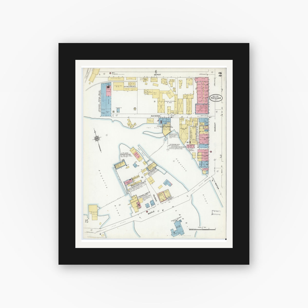 Old map wall art mockup — black gallery frame with white mat — Sanborn Fire Insurance Map from Potsdam, St. Lawrence County, New York (1910) - Complete Map Set