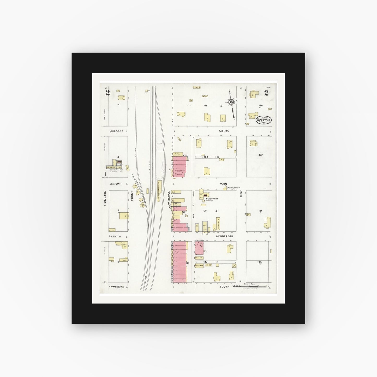 Old map wall art mockup — black gallery frame with white mat — Sanborn Fire Insurance Map from Overton, Rusk County, Texas (1926), Sheet #0002