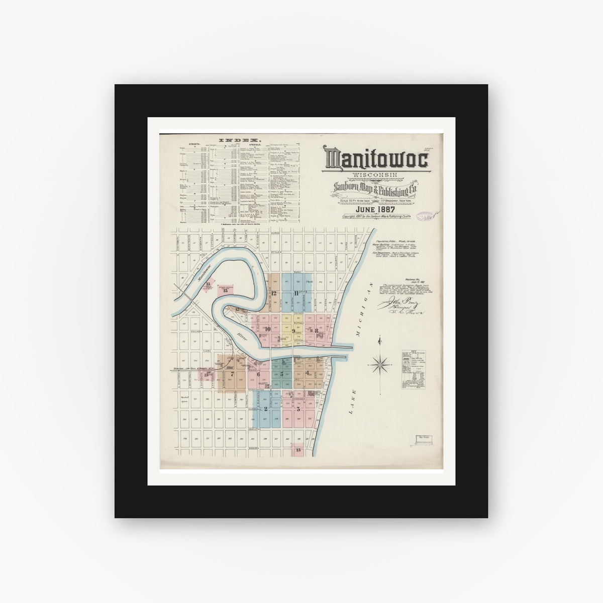 Old map wall art mockup — black gallery frame with white mat — Sanborn Fire Insurance Map from Manitowoc, Manitowoc County, Wisconsin (1887), Sheet #0001