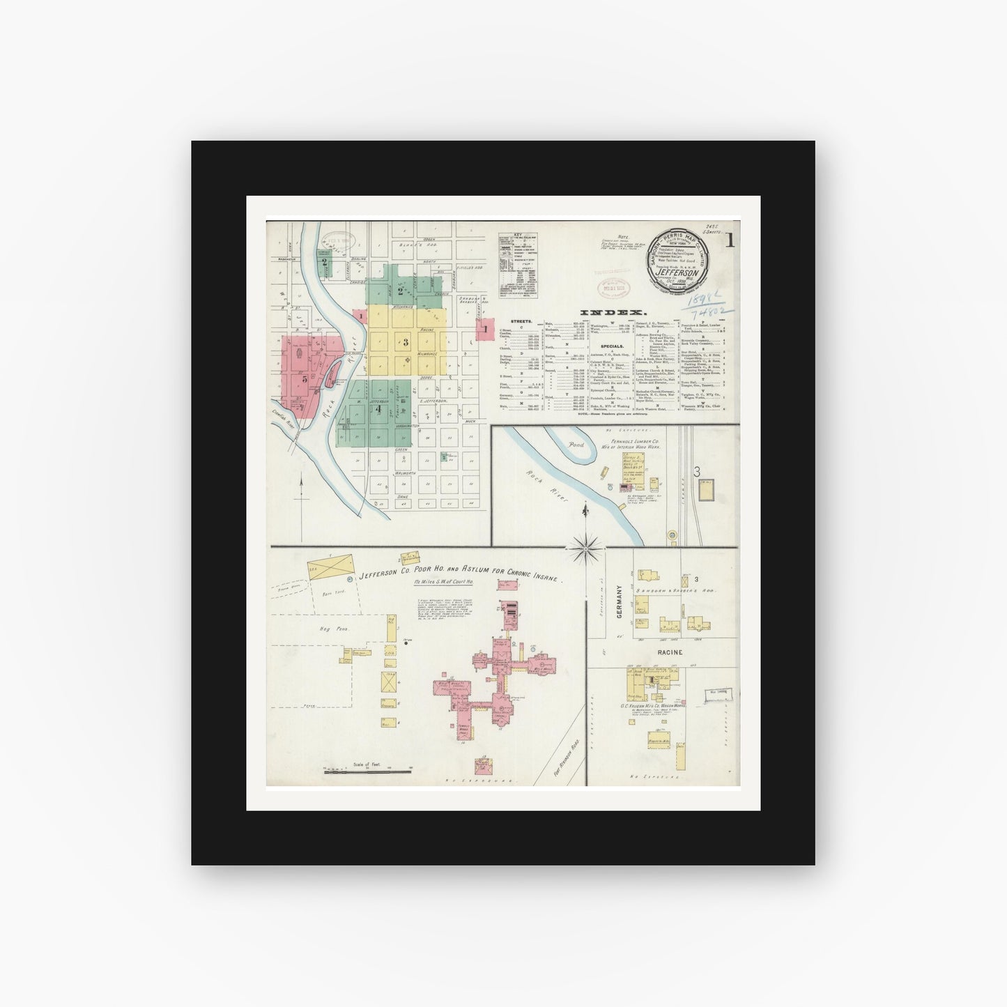 Old map wall art mockup — black gallery frame with white mat — Sanborn Fire Insurance Map from Jefferson, Jefferson County, Wisconsin (1898) - Complete Map Set