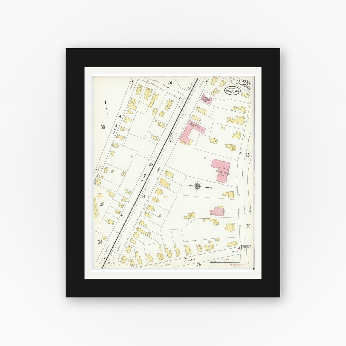 Old map wall art mockup — black gallery frame with white mat — Sanborn Fire Insurance Map from Westfield, Hampden County, Massachusetts (1910), Sheet #0026