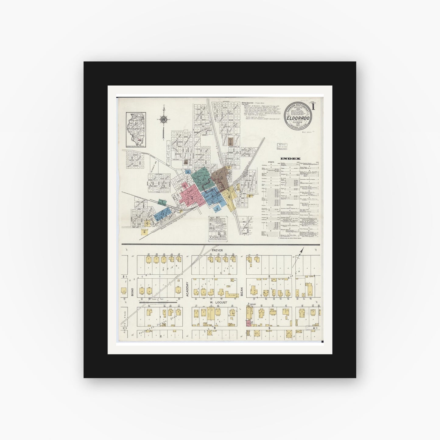 Old map wall art mockup — black gallery frame with white mat — Sanborn Fire Insurance Map from Eldorado, Saline County, Illinois (1919) - Complete Map Set