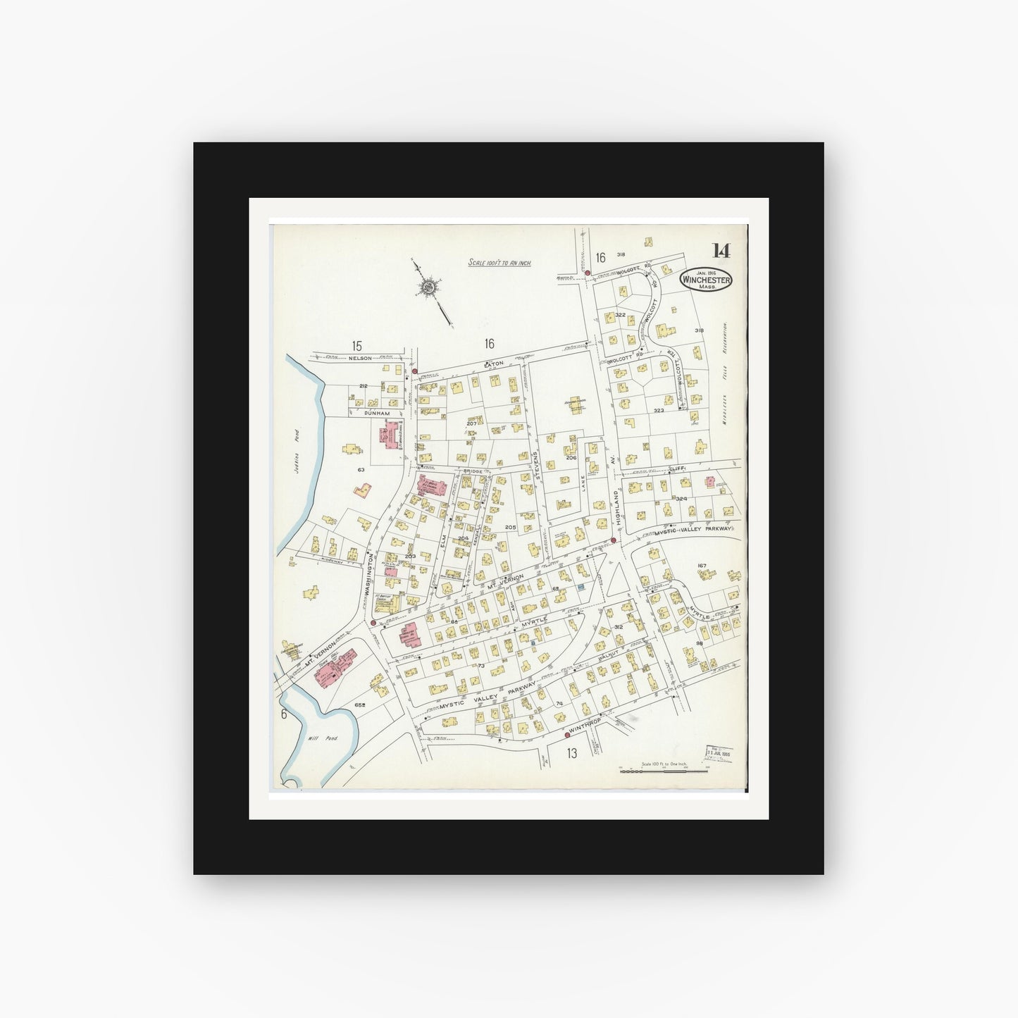 Old map wall art mockup — black gallery frame with white mat — Sanborn Fire Insurance Map from Winchester, Middlesex County, Massachusetts (1916), Sheet #0014