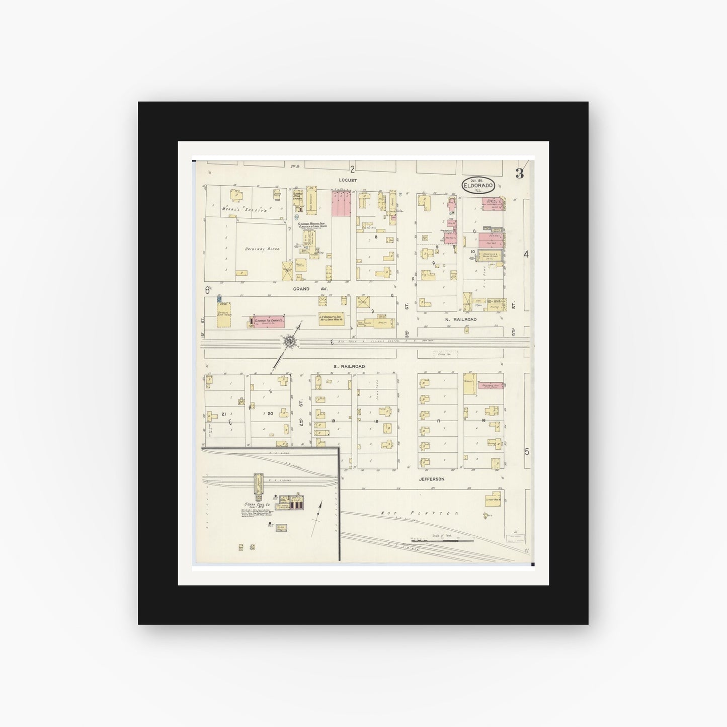 Old map wall art mockup — black gallery frame with white mat — Sanborn Fire Insurance Map from Eldorado, Saline County, Illinois (1911), Sheet #0003