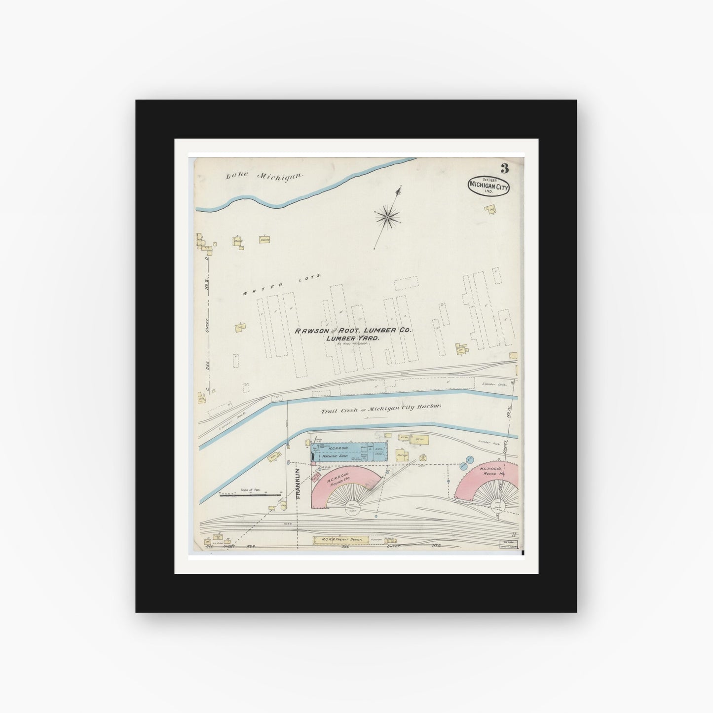 Old map wall art mockup — black gallery frame with white mat — Sanborn Fire Insurance Map from Michigan City, La Porte County, Indiana (1889), Sheet #0003