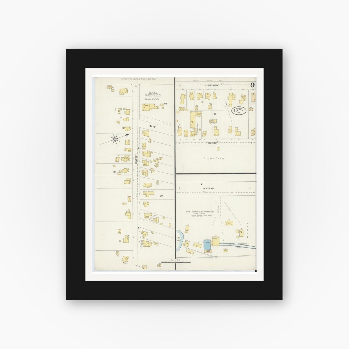 Old map wall art mockup — black gallery frame with white mat — Sanborn Fire Insurance Map from Bath, Steuben County, New York (1898), Sheet #0009