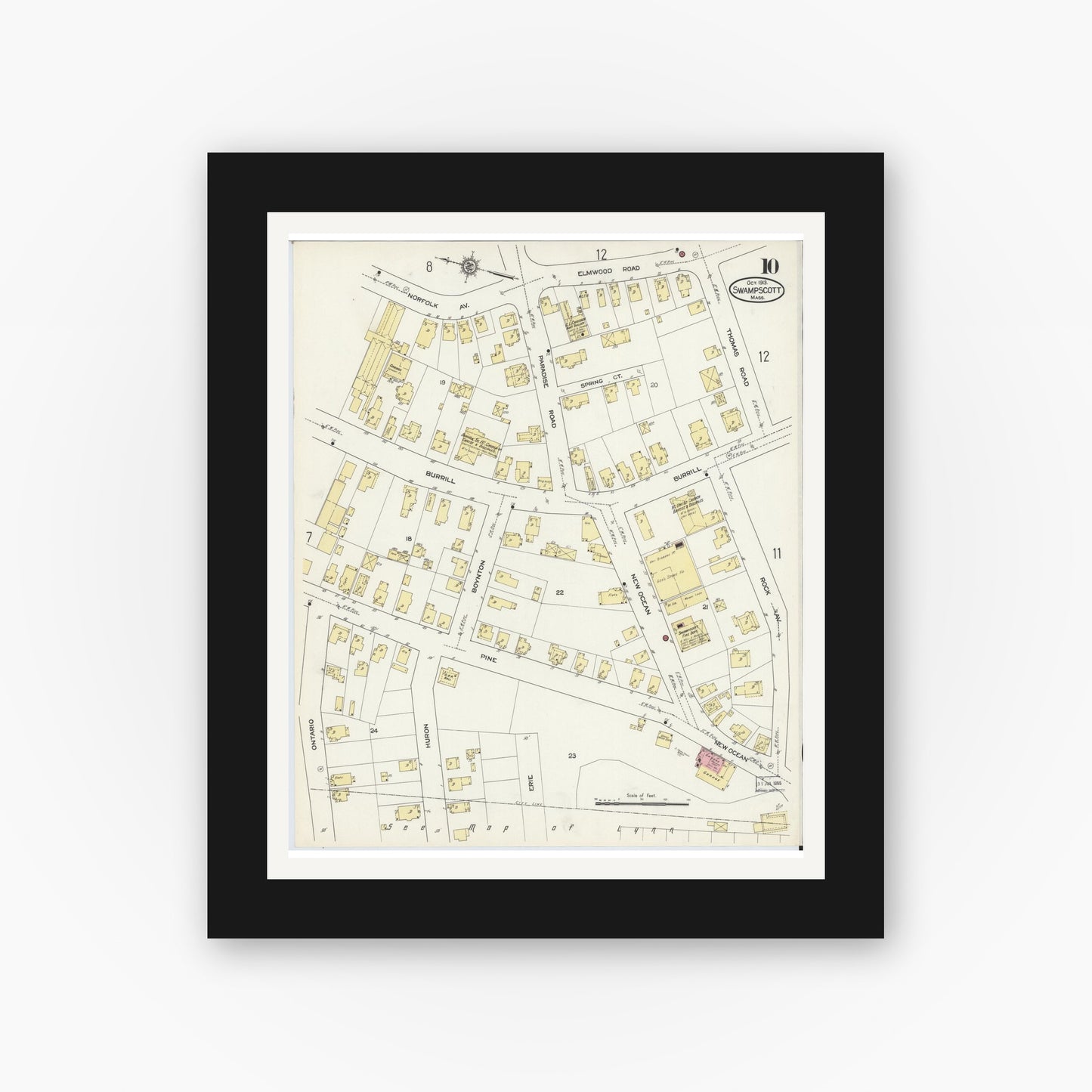 Old map wall art mockup — black gallery frame with white mat — Sanborn Fire Insurance Map from Swampscott, Essex County, Massachusetts (1913), Sheet #0010