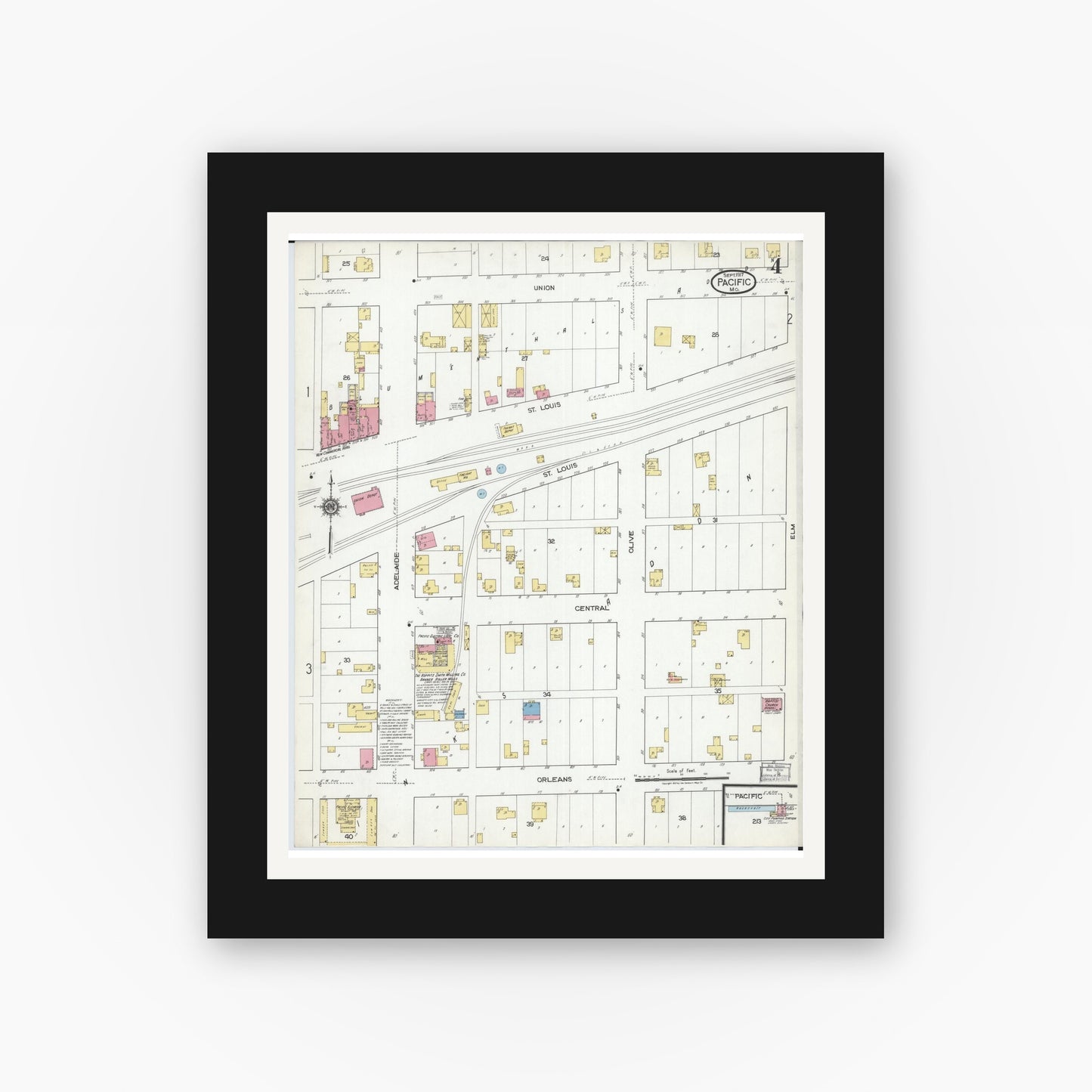 Old map wall art mockup — black gallery frame with white mat — Sanborn Fire Insurance Map from Pacific, Franklin County, Missouri (1917), Sheet #0004
