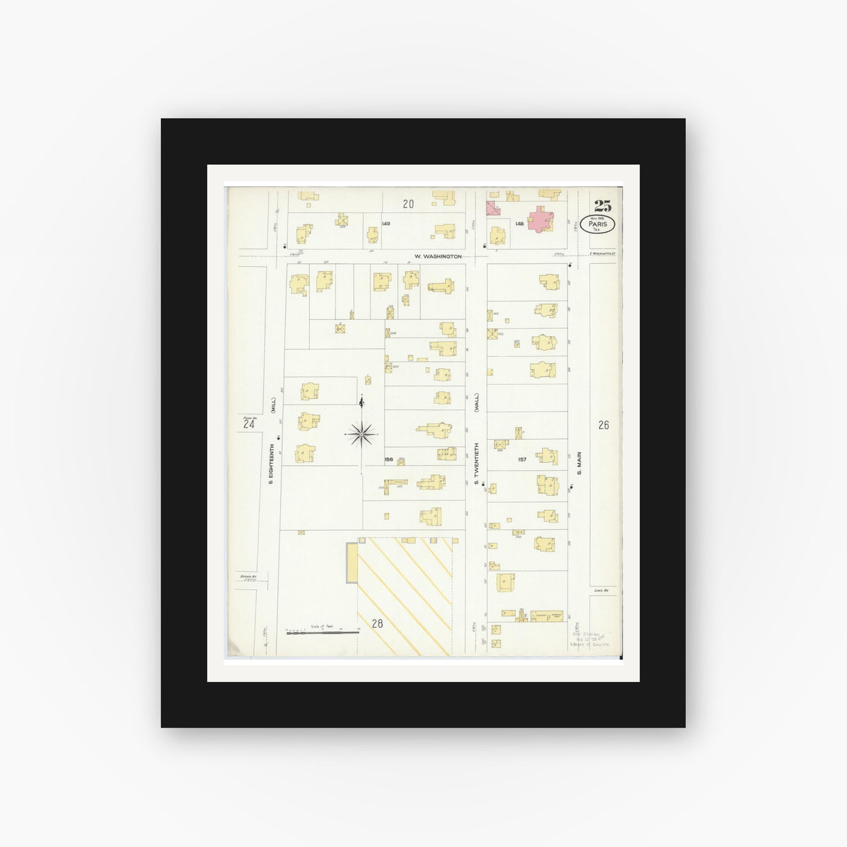 Old map wall art mockup — black gallery frame with white mat — Sanborn Fire Insurance Map from Paris, Lamar County, Texas (1908), Sheet #0025