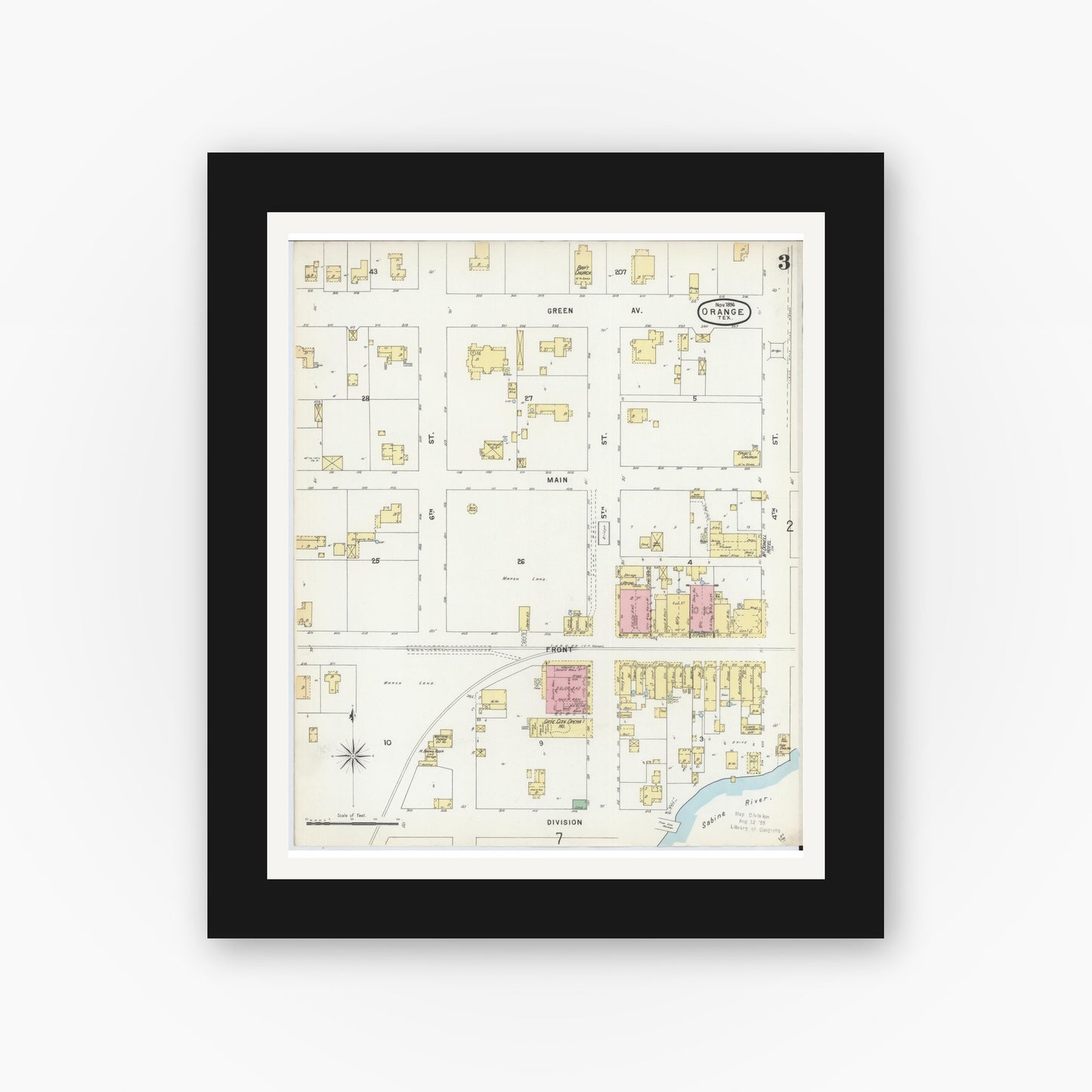 Old map wall art mockup — black gallery frame with white mat — Sanborn Fire Insurance Map from Orange, Orange County, Texas (1896), Sheet #0003