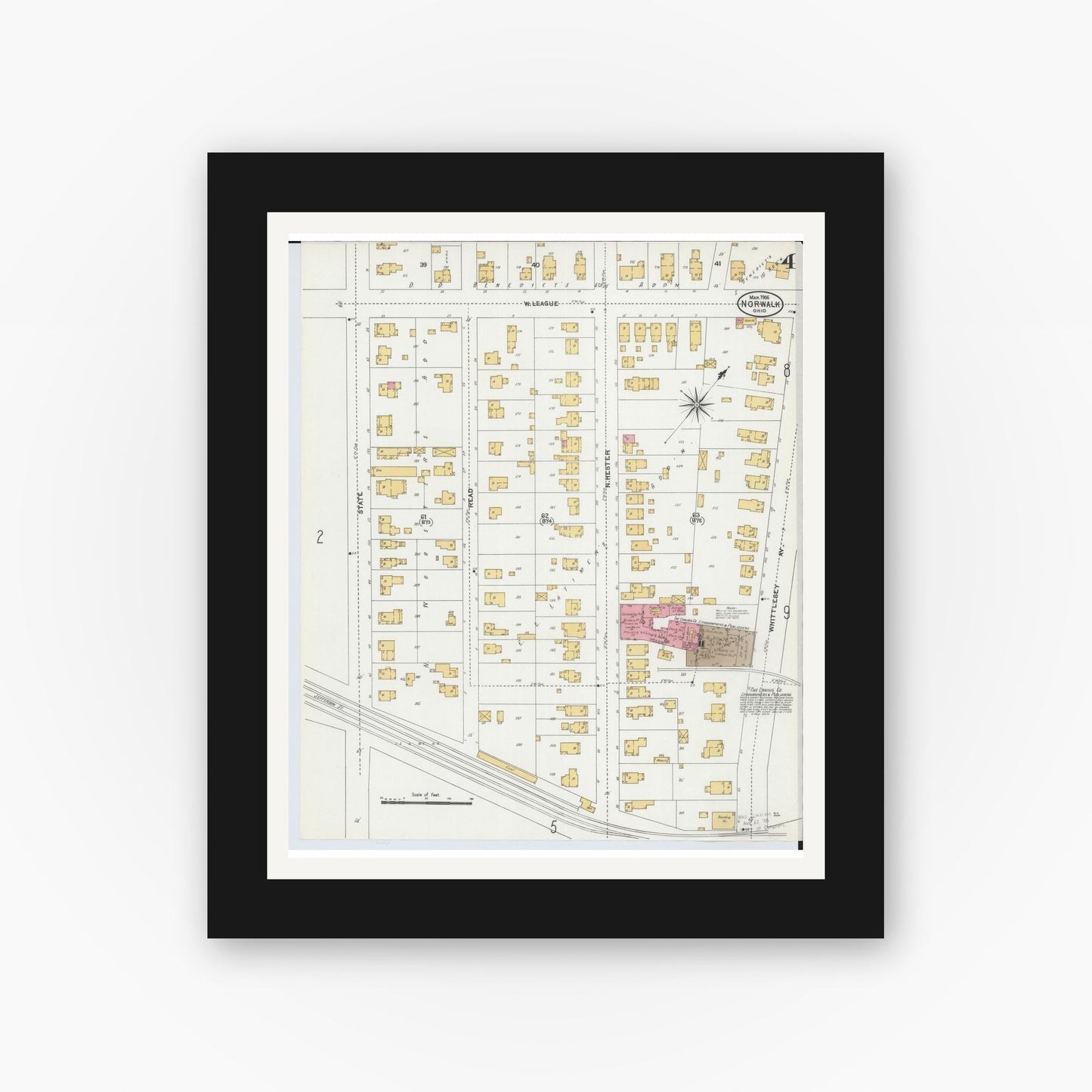 Old map wall art mockup — black gallery frame with white mat — Sanborn Fire Insurance Map from Norwalk, Huron County, Ohio (1906), Sheet #0004