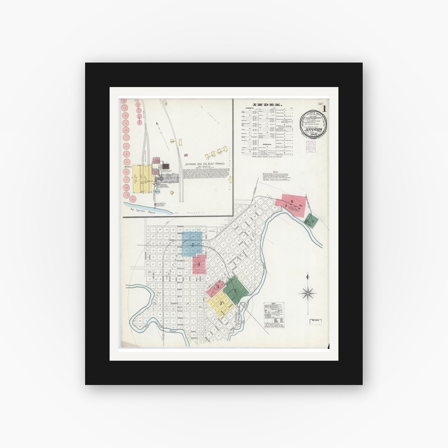 Old map wall art mockup — black gallery frame with white mat — Sanborn Fire Insurance Map from Jefferson, Marion County, Texas (1901), Sheet #0001