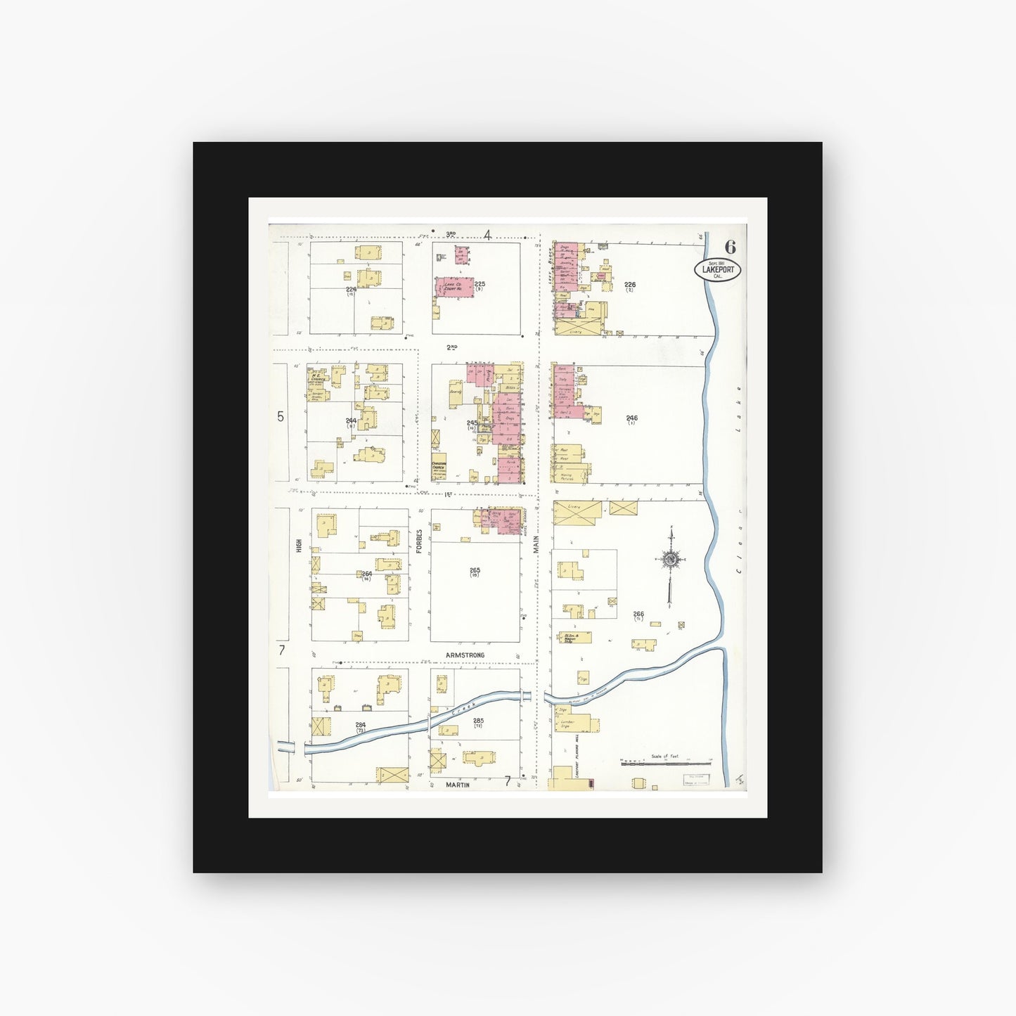 Old map wall art mockup — black gallery frame with white mat — Sanborn Fire Insurance Map from Lakeport, Lake County, California (1911), Sheet #0006