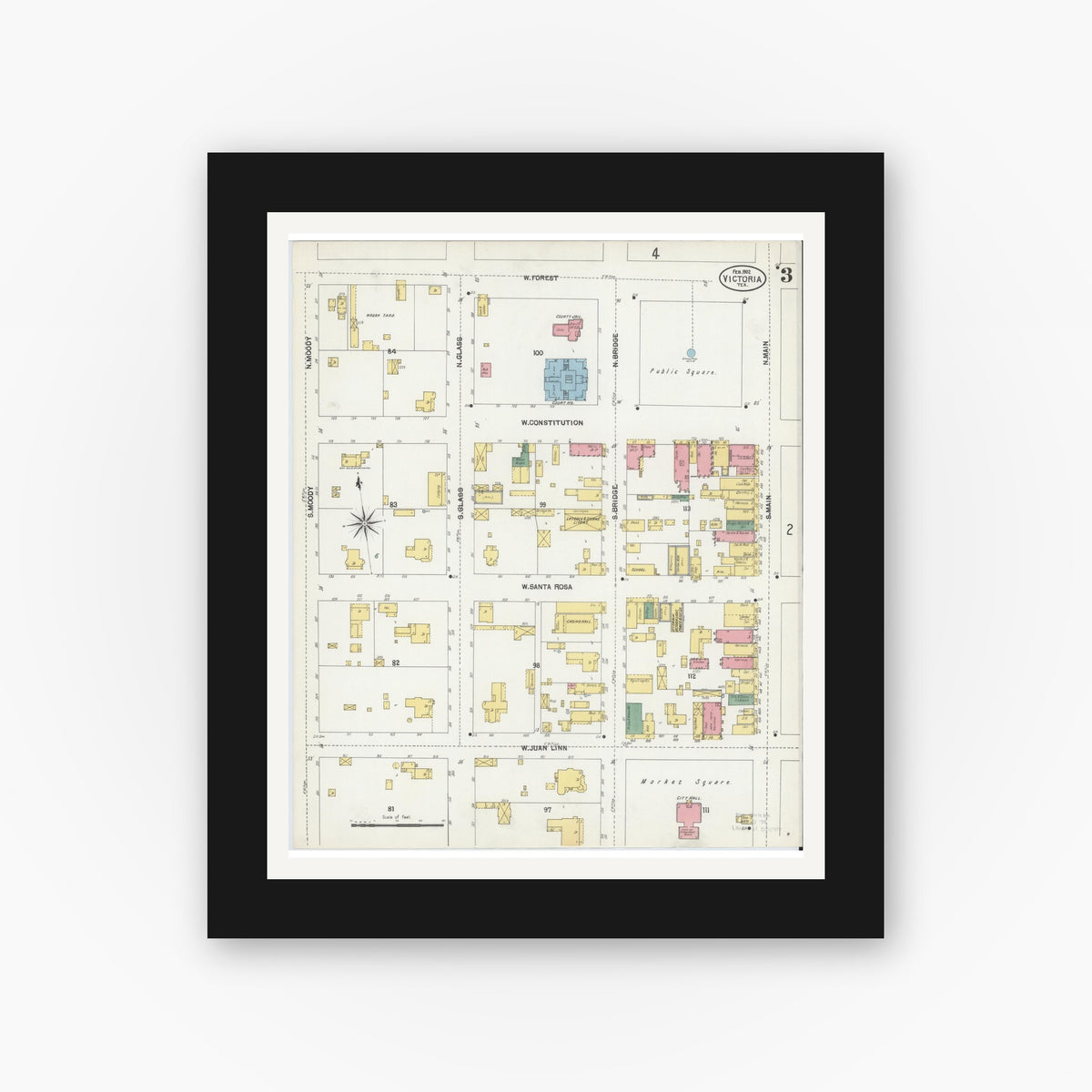 Old map wall art mockup — black gallery frame with white mat — Sanborn Fire Insurance Map from Victoria, Victoria County, Texas (1902), Sheet #0003