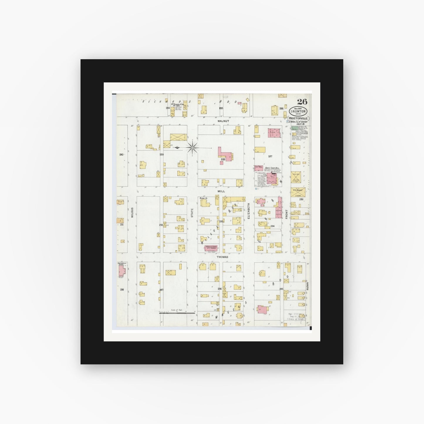 Old map wall art mockup — black gallery frame with white mat — Sanborn Fire Insurance Map from Ironton, Lawrence County, Ohio (1900), Sheet #0026