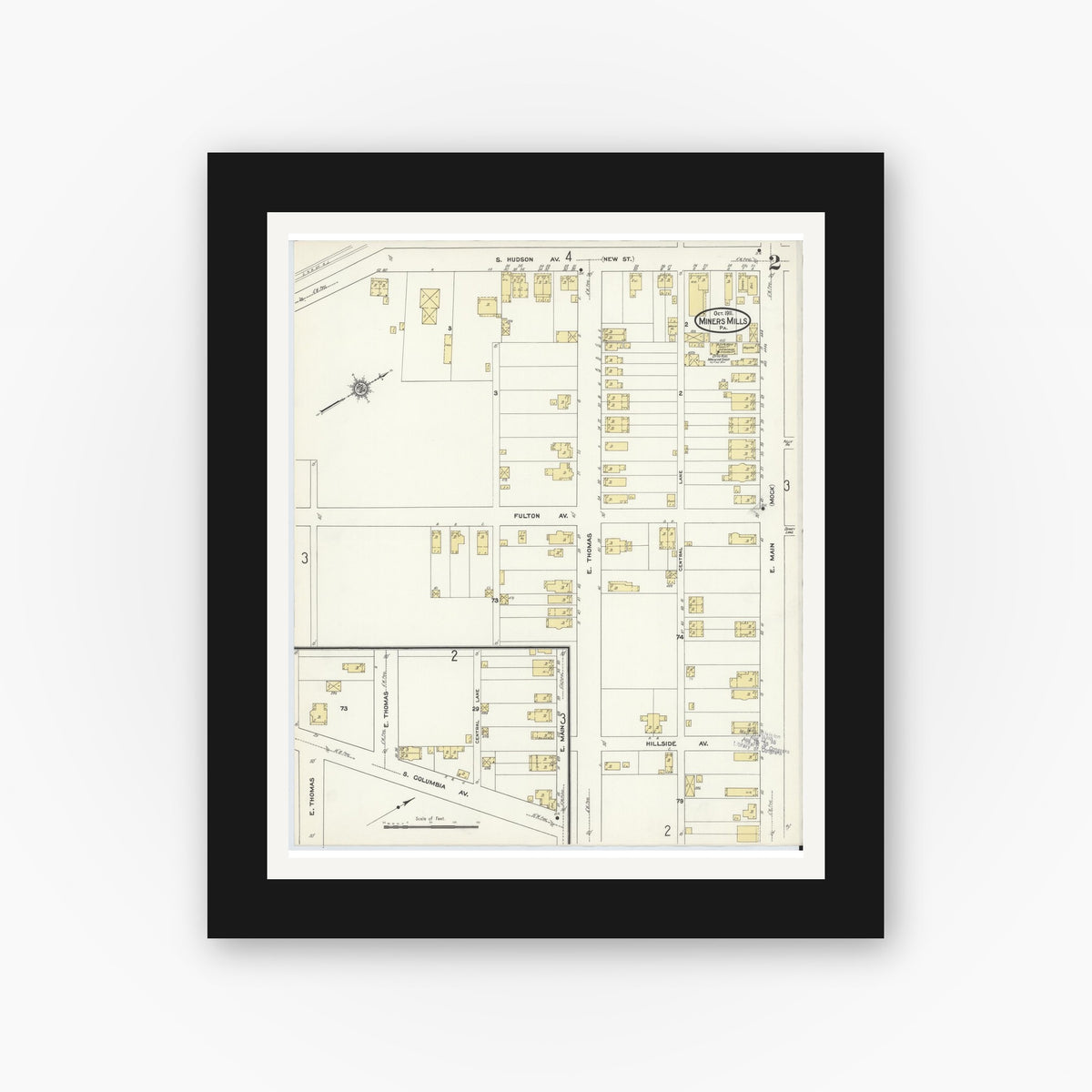 Old map wall art mockup — black gallery frame with white mat — Sanborn Fire Insurance Map from Miners Mills, Luzerne County, Pennsylvania (1911), Sheet #0002