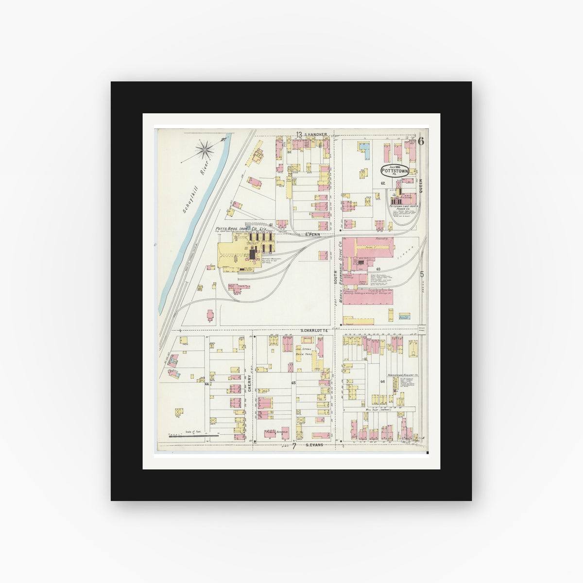 Old map wall art mockup — black gallery frame with white mat — Sanborn Fire Insurance Map from Pottstown, Montgomery County, Pennsylvania (1896), Sheet #0006